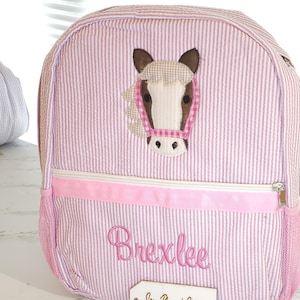 Personalized seersucker backpack, horse applique seersucker backpack, girl birthday gift