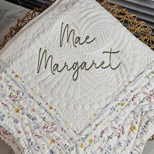 Monogram baby quilt, floral trim baby quilt, girl baby shower gift, personalized girl baby gift, keepsake baby gift