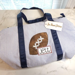 Personalized Seersucker Football Duffel Bag: Boy&#39;s Overnight Sports Bag