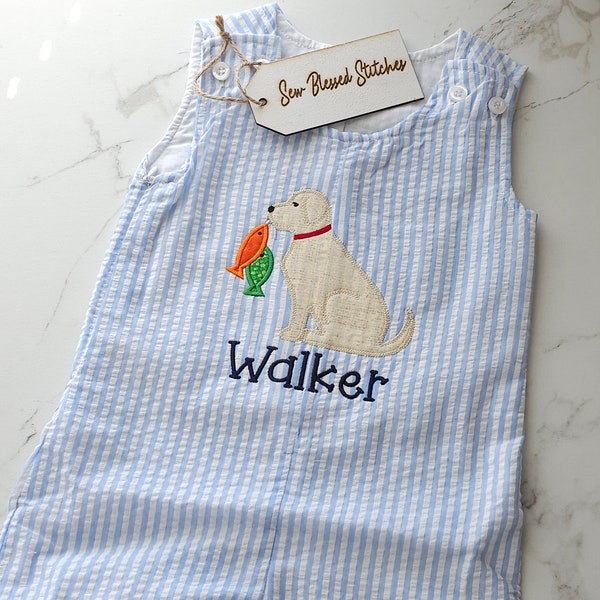 Seersucker Jon Jon, personalized seersucker shortall, applique summer seersucker JonJon