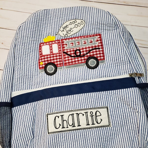 Applique seersucker backpack, firetruck applique seersucker backpack, firetruck applique seersucker lunch bag