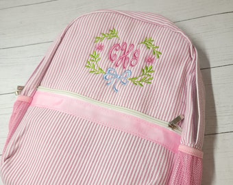 Pink seersucker backpack, monogram girl backpack, diaper bag, girl baby shower gift, girl birthday gift