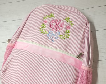 Monogrammed Pink Seersucker Backpack: Personalized Diaper Bag or School Bag