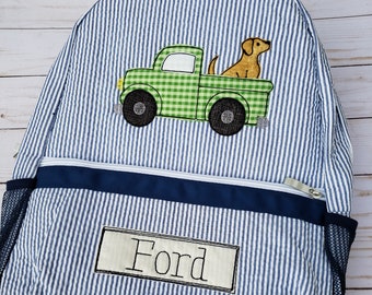 Boy seersucker backpack, applique seersucker backpack with name,  boy personalized backpack