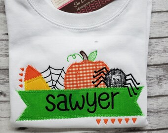 Personalized Halloween Applique Shirt: Pumpkin, Spider, Candy Corn