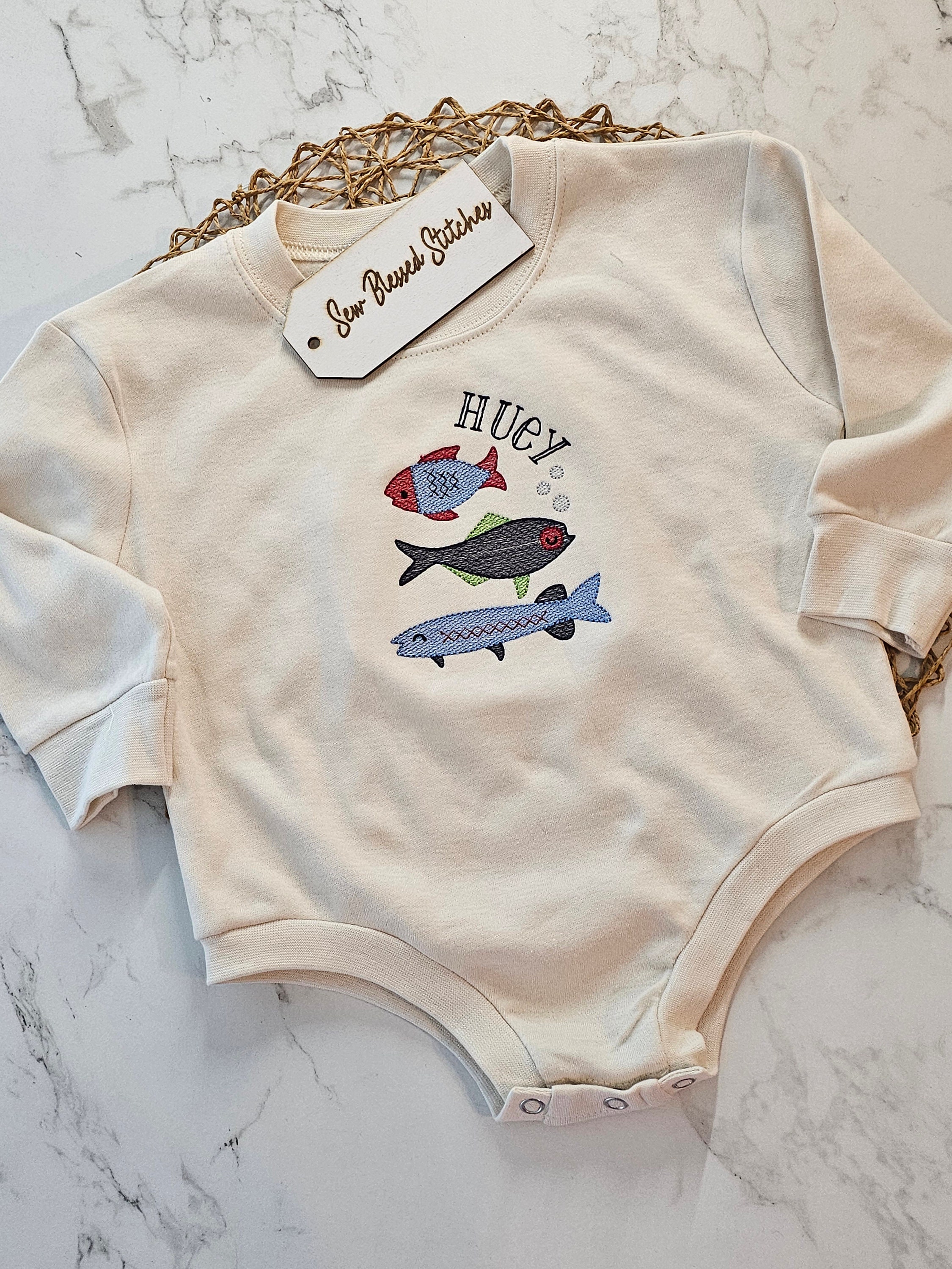 Personalized Boy Bubble Romper: Fish T-Shirt, Monogrammed Cotton