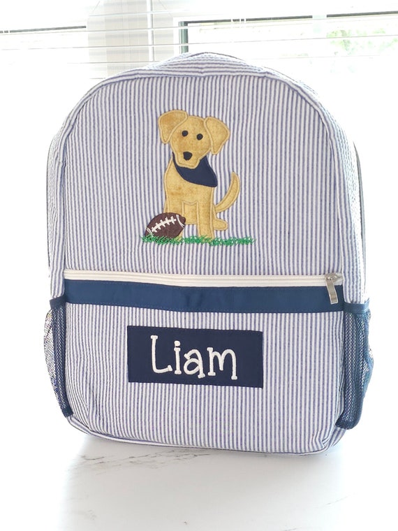 Personalized Seersucker Backpack: Dog Applique, Boy's Diaper Bag