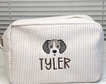 Borsa da toilette personalizzata in seersucker: borsa da viaggio con monogramma ricamato
