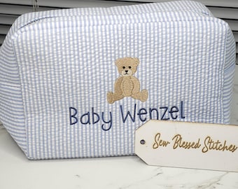 Personalized Seersucker Toiletry Bag, Embroidered Baby Gift