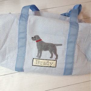 Seersucker duffel bag, personalized duffel bag, dog applique duffel bag, boy birthday gift