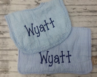 Burp cloth set, personalized blue seersucker bib and burp cloth set, monogrammed boy bib and burp cloth set,baby shower gift,