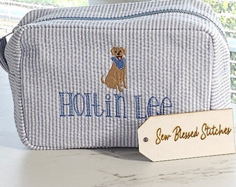 Personalized Seersucker Toiletry Bag: Embroidered Cosmetic Bag, Boy Gift