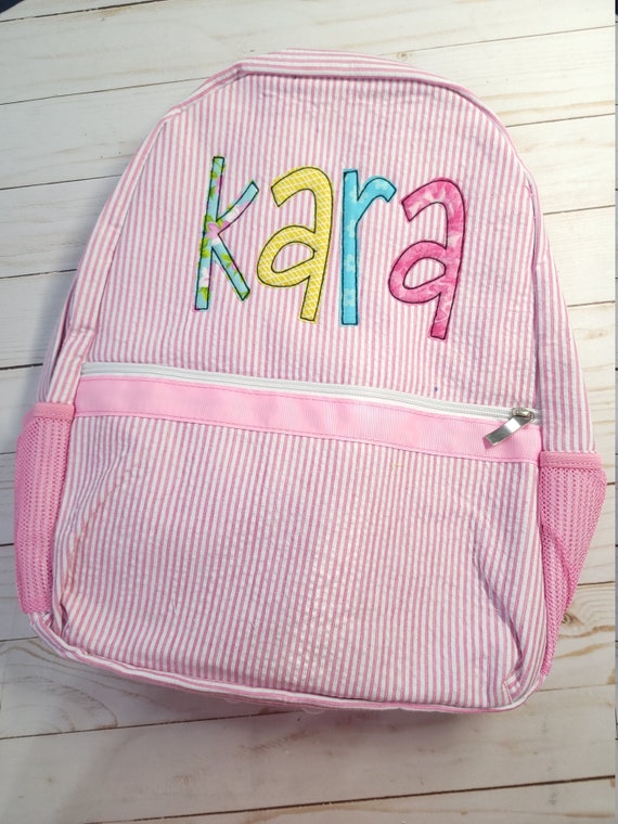 Pink Seersucker Backpack Personalized Applique Name Seersucker Backpack Girl Diaper Bag Etsy UK