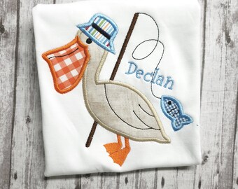 Personalized Boy Applique Shirt: Fishing Pelican Design