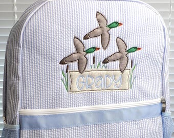 Blue seersucker backpack: personalized preschool backpack, diaper bag, baby shower gift