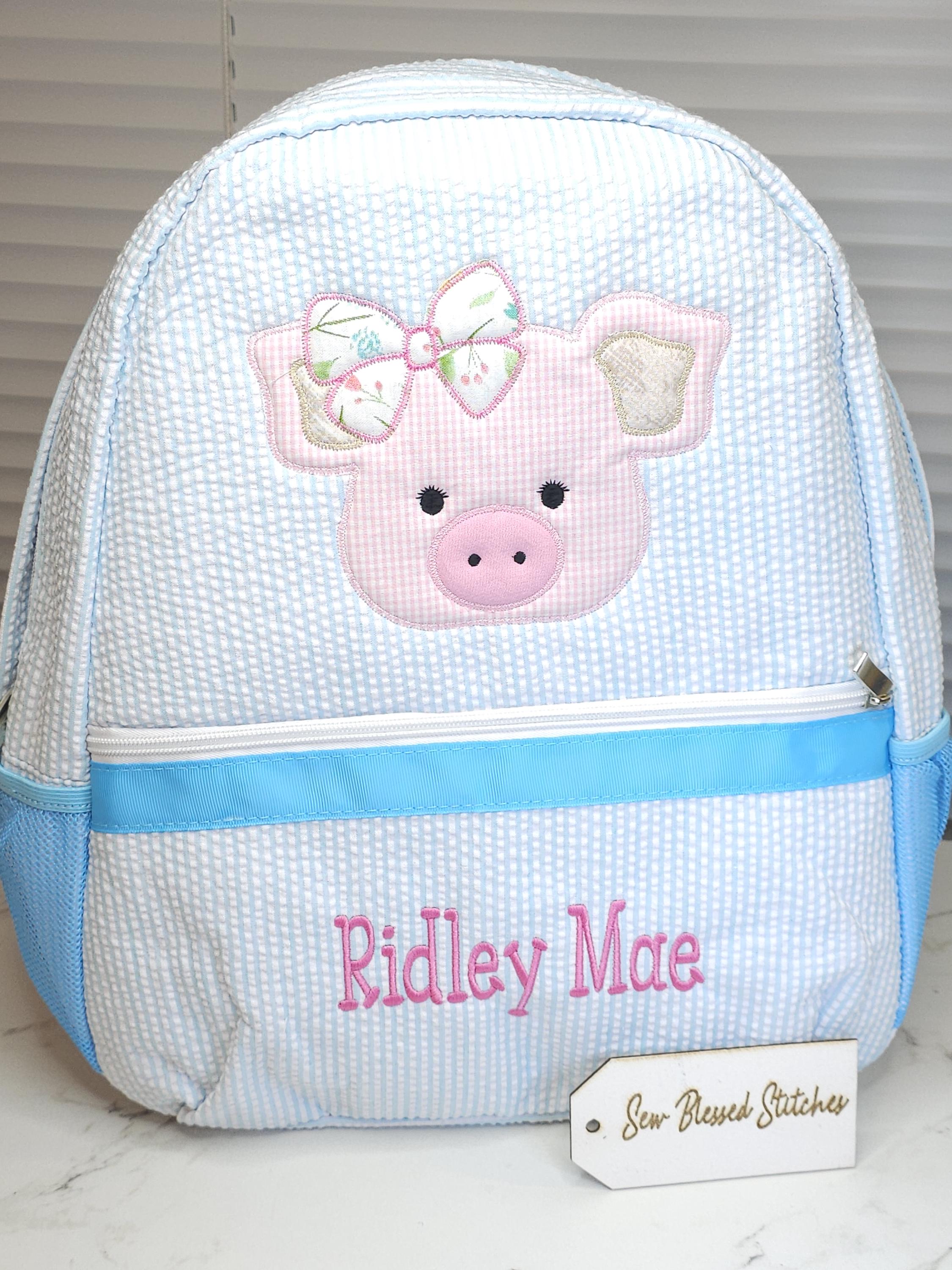 Personalized Seersucker Backpack: Applique Pig, Girl