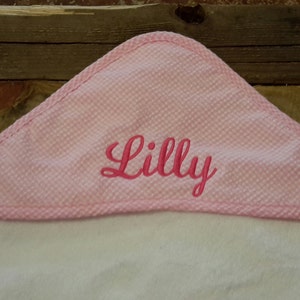 Seersucker hooded towel with name or monogram / girl baby shower gift / Personalized pink seersucker hooded towel image 2