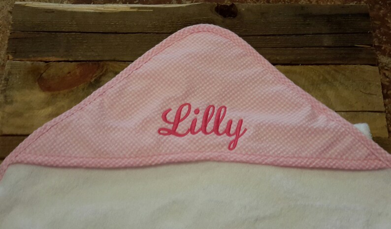 Seersucker hooded towel with name or monogram / girl baby shower gift / Personalized pink seersucker hooded towel image 2