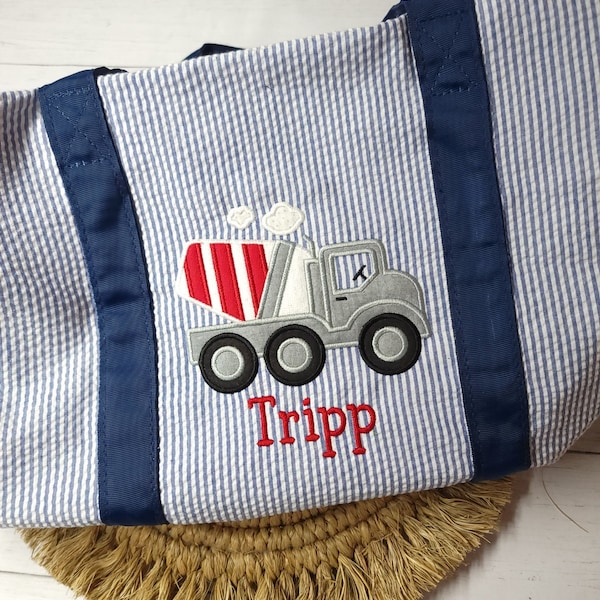 Applique duffel bag, personalized seersucker duffel bag, cement truck duffel bag, child overnight bag, boy birthday gift