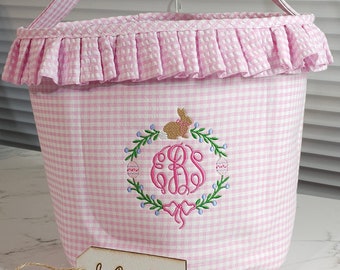 Personalized Pink Seersucker Easter Bucket: Ruffle Easter Basket