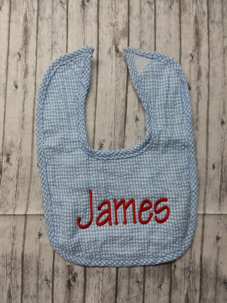 Personalized baby bib / personalized blue seersucker Boy baby bib with name / personalized baby shower gift image 4