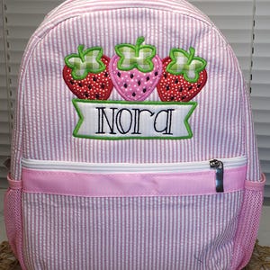 Strawberry seersucker backpack, personalized girl backpack, girl diaper bag, baby shower gift, girl birthday gift