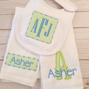 Burp cloth set, boy burp cloth set, personalized boy burp cloth and bib set, boy baby gift