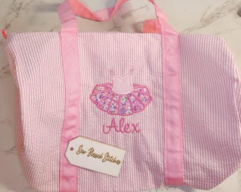 Personalized Seersucker Duffel Bag: Monogrammed Dance Overnight Bag