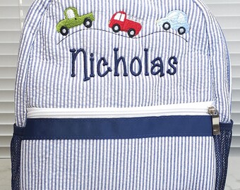 Personalized Seersucker Backpack: Boy's School Bag, Diaper Bag