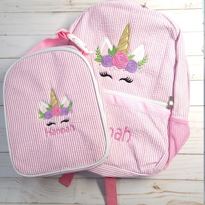 Personalized seersucker backpack, unicorn applique seersucker backpack with name