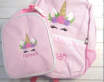 Personalized Unicorn Seersucker Backpack: Embroidered Name, School Bag