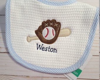 boy baby bib, personalized baseball applique bib, boy baby shower gift