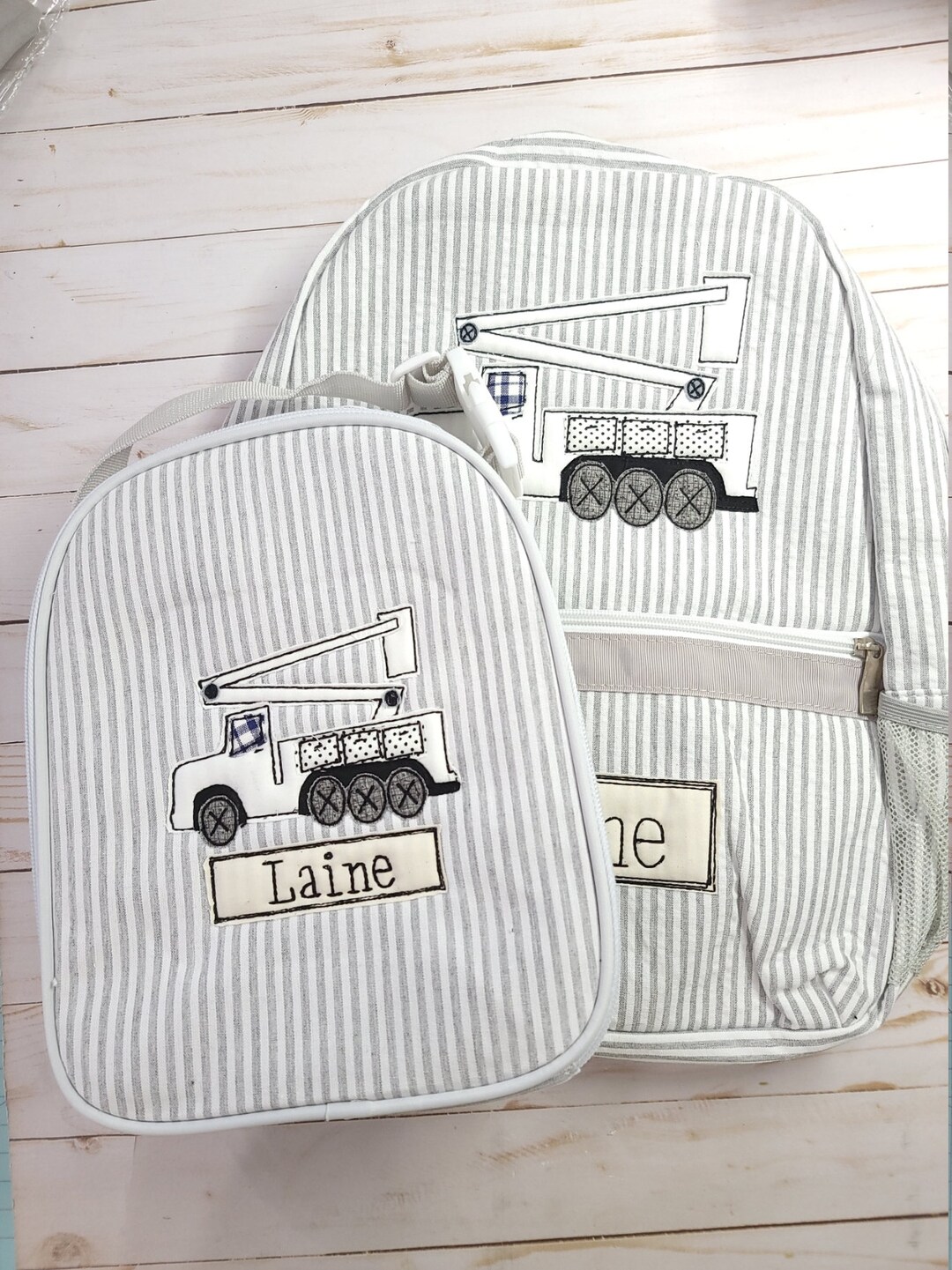 Personalized Seersucker Backpack: Line Truck Applique, Diaper Bag