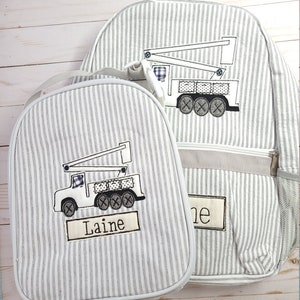 Applique seersucker backpack, line truck applique backpack, personalized seersucker backpack, diaper bag, boy birthday gift