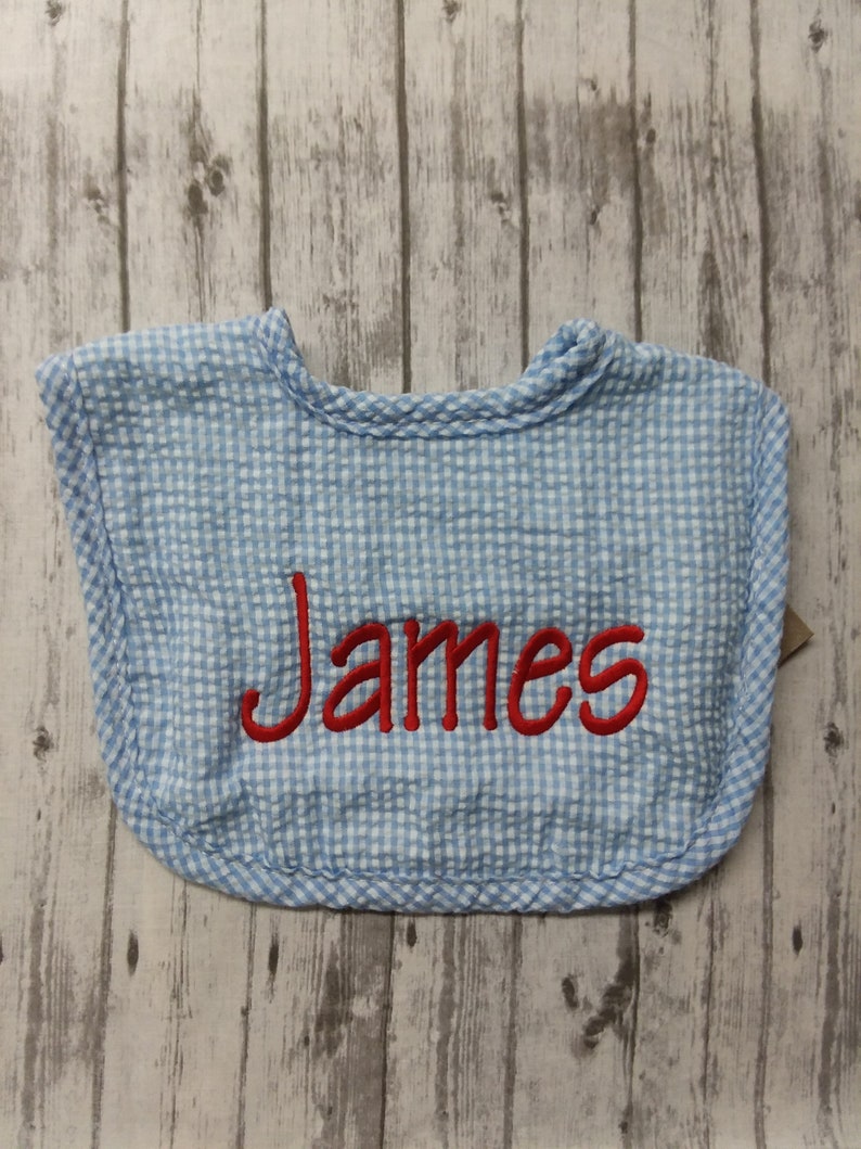 Personalized baby bib / personalized blue seersucker Boy baby bib with name / personalized baby shower gift image 1