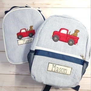 Personalized seersucker backpack, truck applique seersucker backpack with name, applique lunch box, boy diaper bag