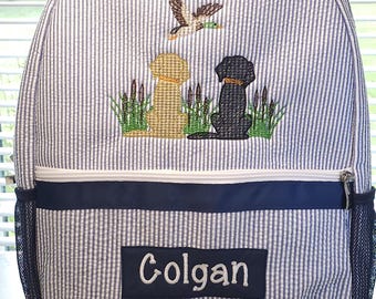 Zaino in seersucker con monogramma, motivo cane da caccia blu navy