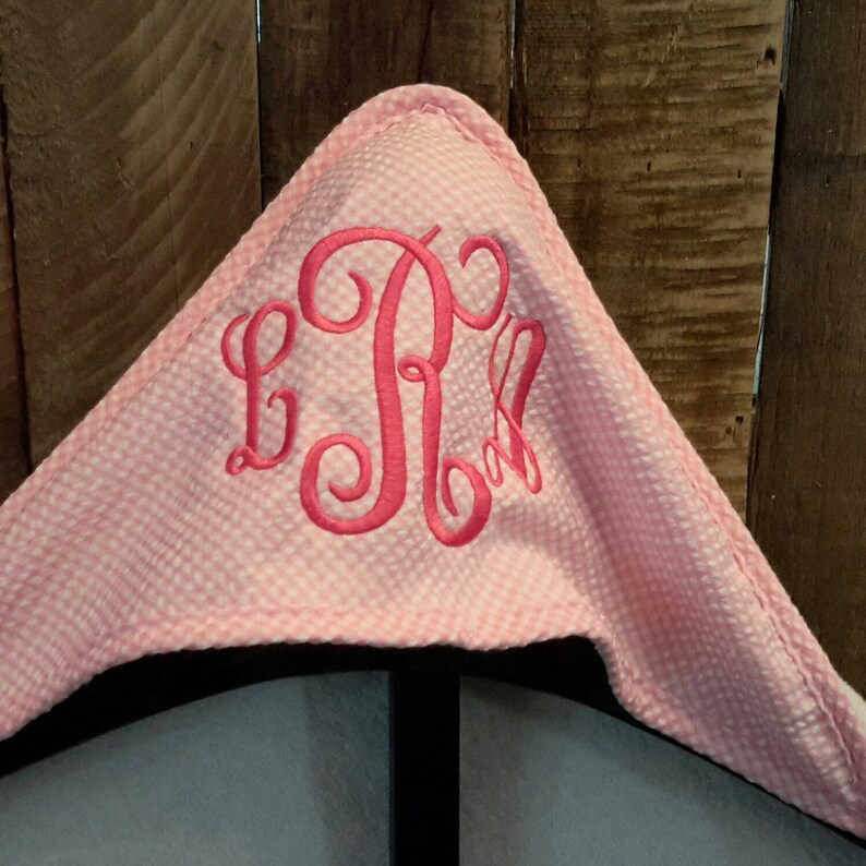 Seersucker hooded towel with name or monogram / girl baby shower gift / Personalized pink seersucker hooded towel image 3