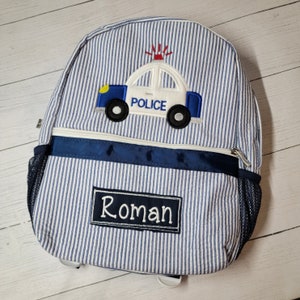 Personalized Seersucker Backpack: Applique Police Car, Boy Birthday Gift