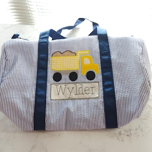 Personalized Seersucker Duffel Bag: Dump Truck Applique, Overnight Bag