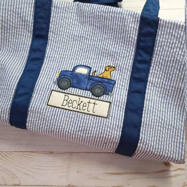 Seersucker duffel bag, personalized seersucker duffel bag, child size luggage, children's overnight bag