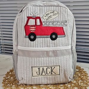 Applique seersucker backpack / Personalized firetruck applique seersucker backpack, diaper bag