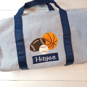 Personalized Seersucker Duffel Bag: Sports Applique Overnight Bag