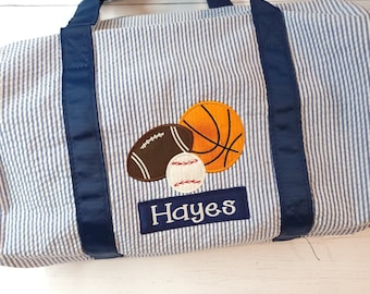 Seersucker duffel bag, personalized seersucker duffel bag, sports ball applique, overnight bag