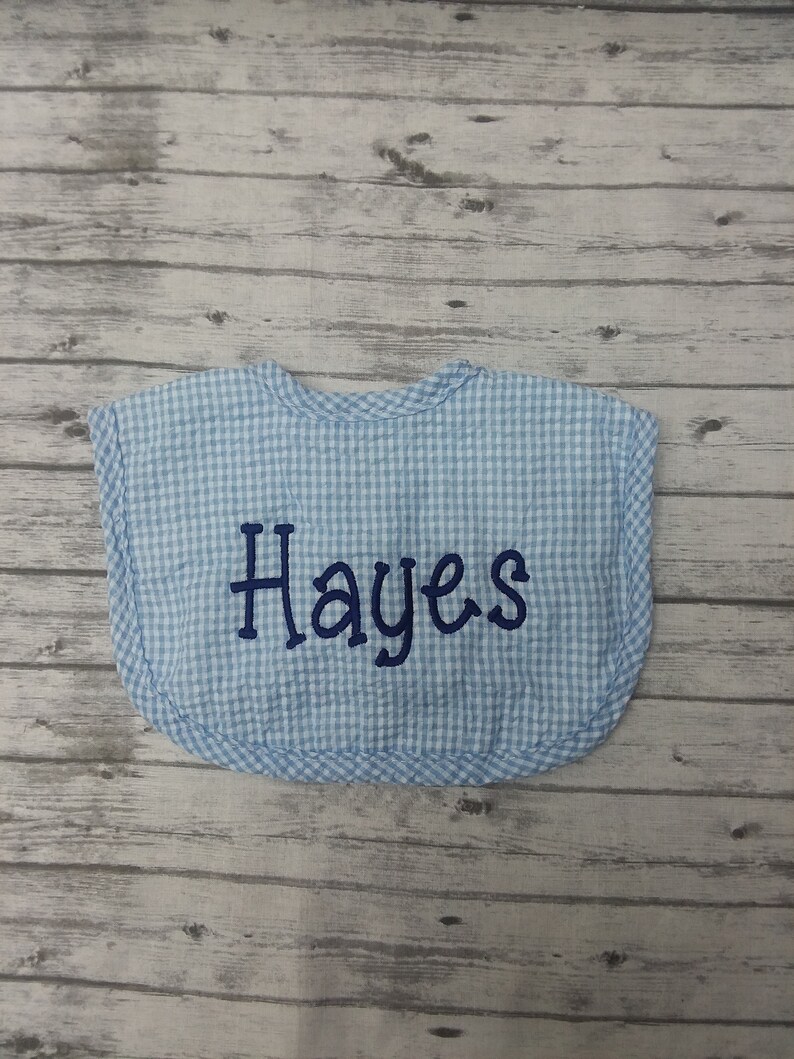 Personalized baby bib / personalized blue seersucker Boy baby bib with name / personalized baby shower gift image 5