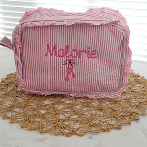 Monogrammed Seersucker Ruffle Bag: Personalized Toiletry, Makeup, or Diaper Pouch