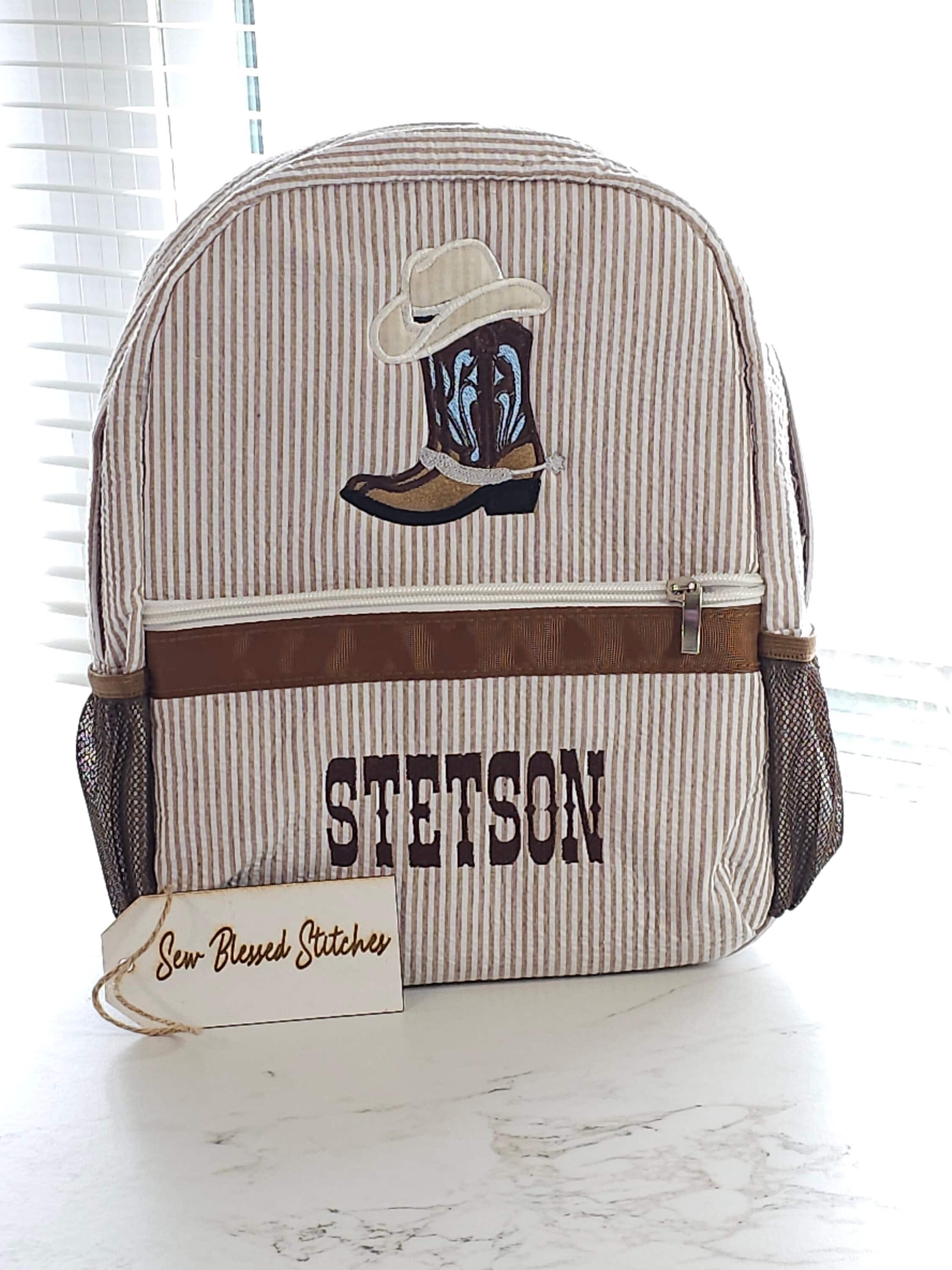Monogram seersucker backpack, brown cowboy seersucker backpack, boy birthday gift, diaper bag, baby shower gift