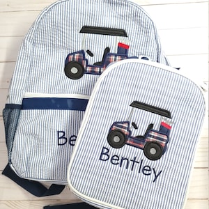 Boy seersucker backpack, applique golf cart backpack, personalized seersucker backpack, boy birthday gift, boy diaper bag