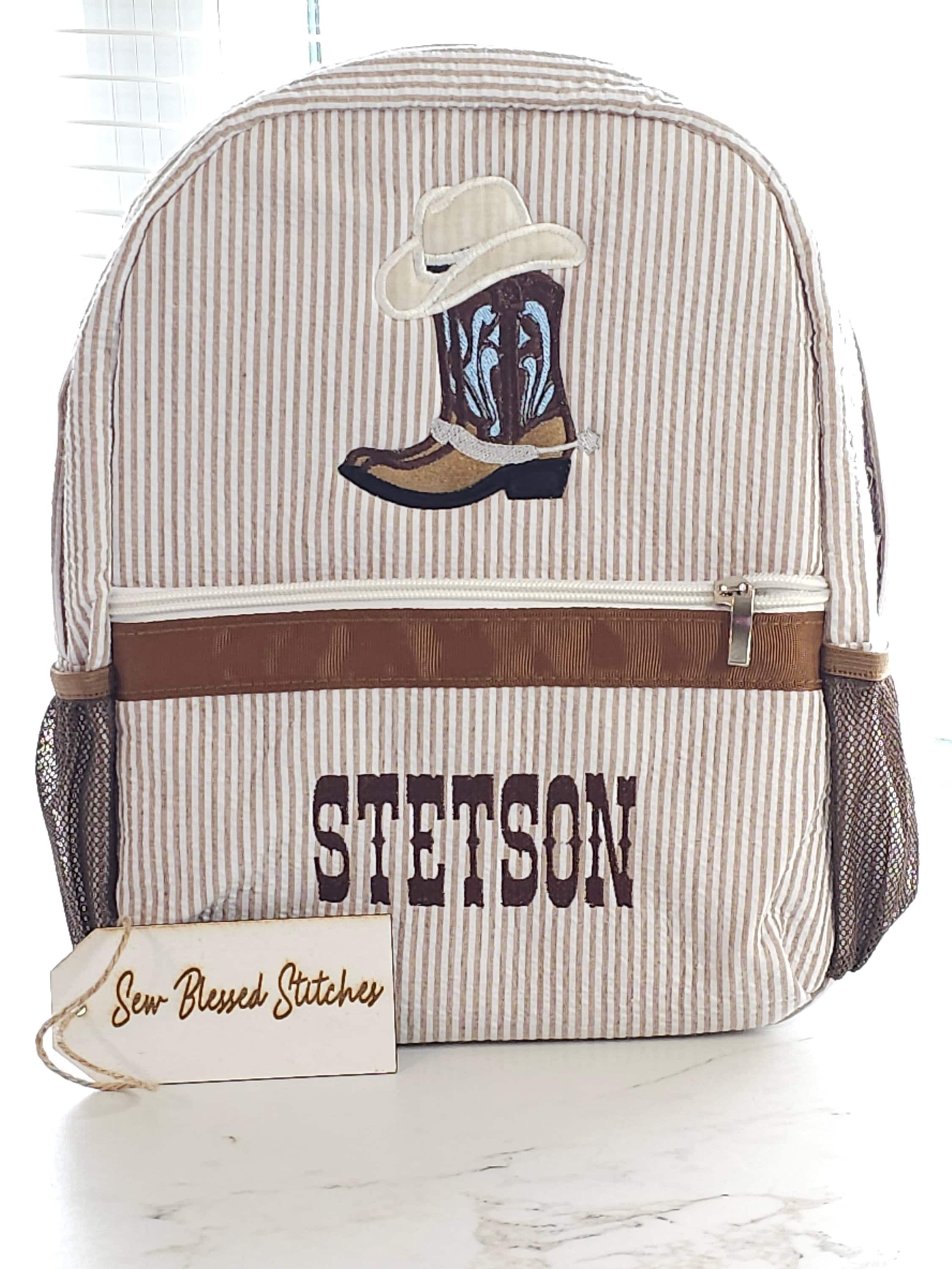 Monogram seersucker backpack, brown cowboy seersucker backpack, boy birthday gift, diaper bag, baby shower gift