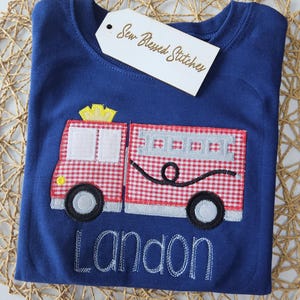Personalized Firetruck Applique Shirt - Navy Blue Boy's Tee image 2